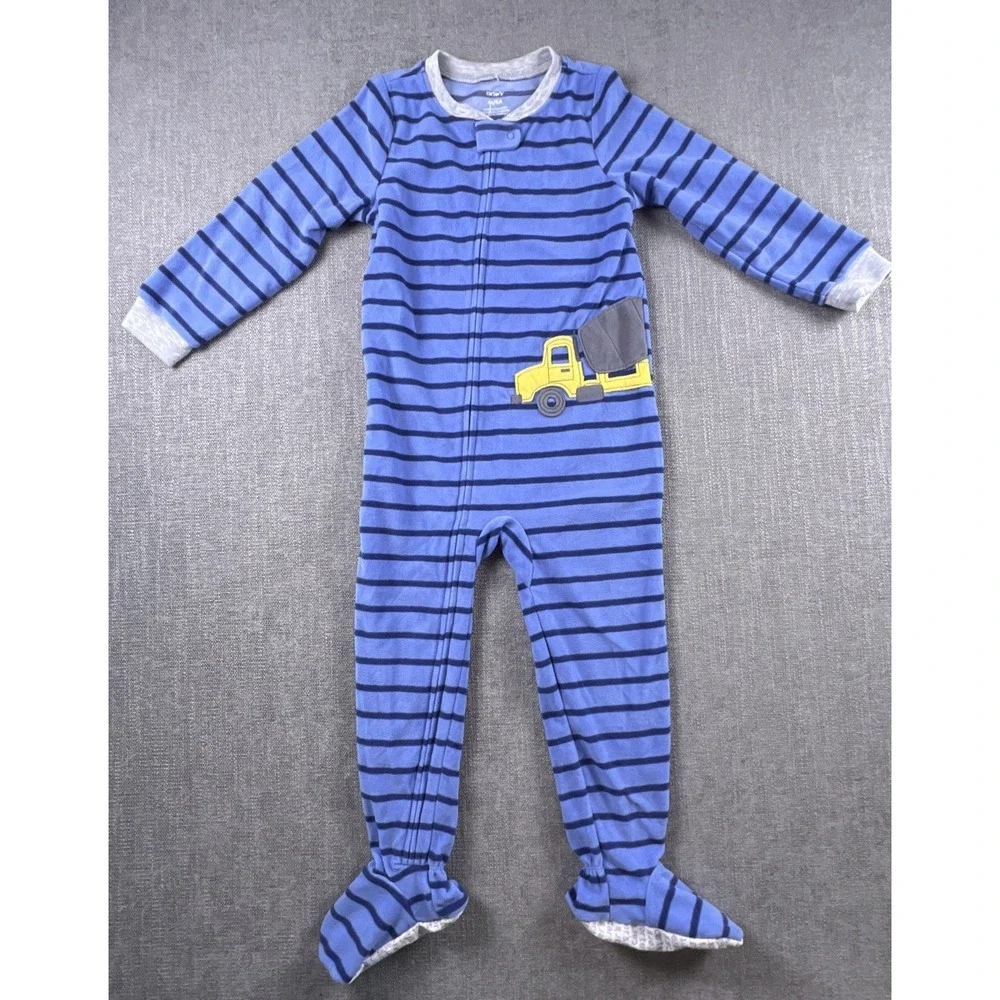 Carter's One Piece Footed Pajamas Blue Stripe Embroidered Dump Truck Boys 4T NWT